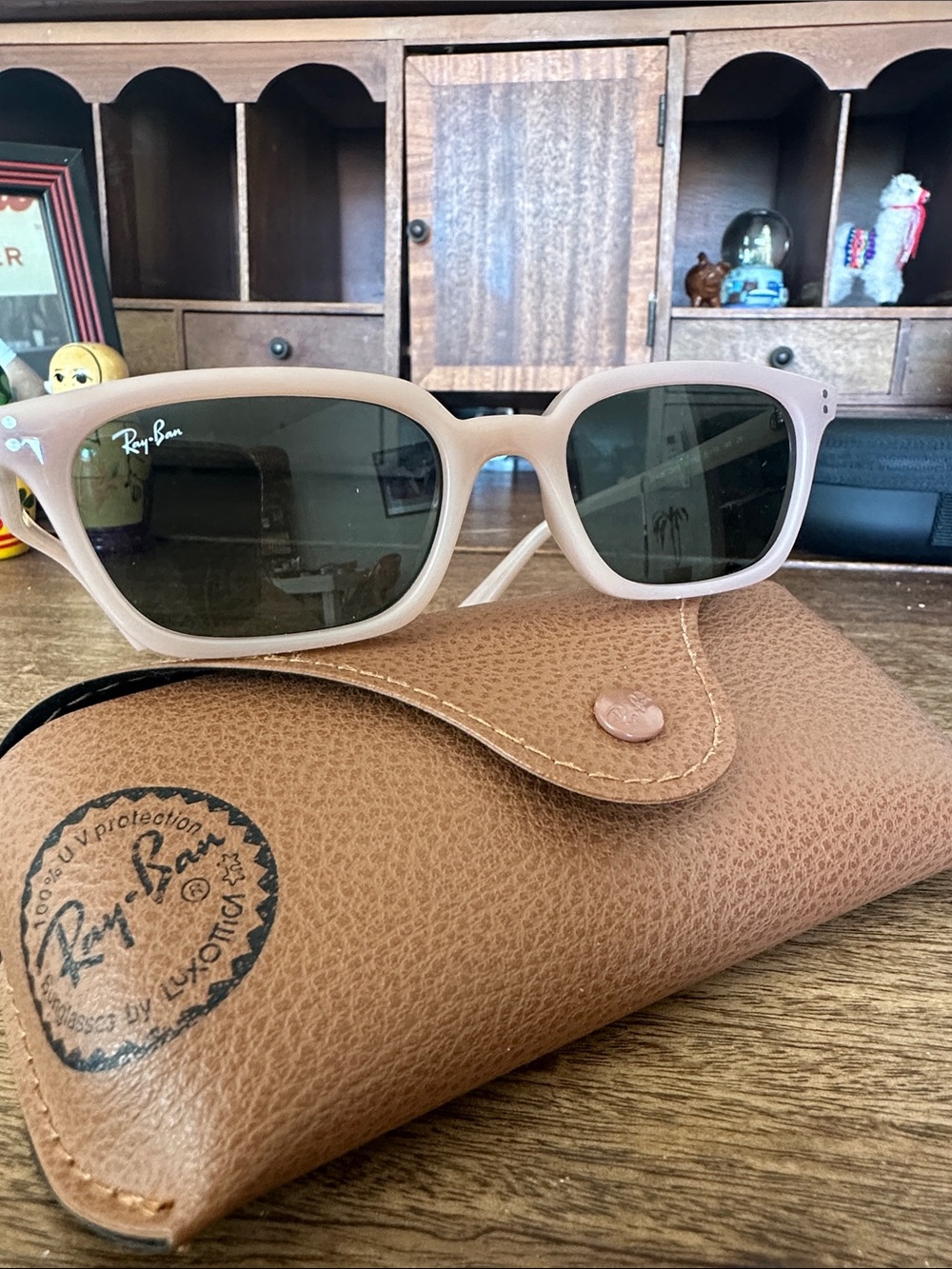 Ray-Ban Matte Pink-Beige Frames with Dark Green Lenses